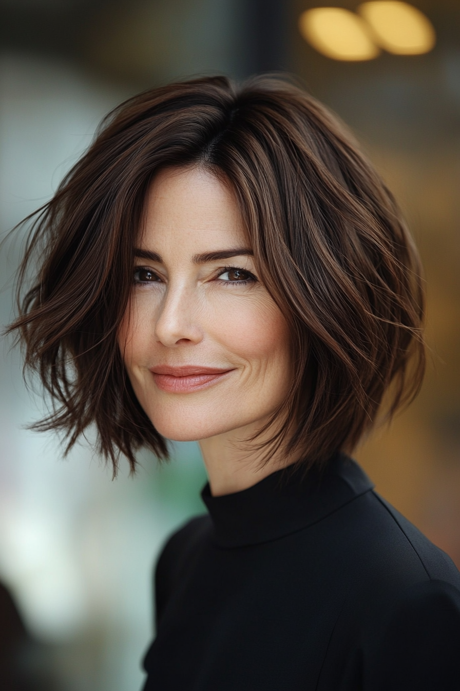 20. Espresso Brown inverted Bob mit weichen Stapeln (umgekehrte Bob -Haarschnitte für ältere Frauen) - Umgekehrte Bob -Haarschnitte für ältere Frauen