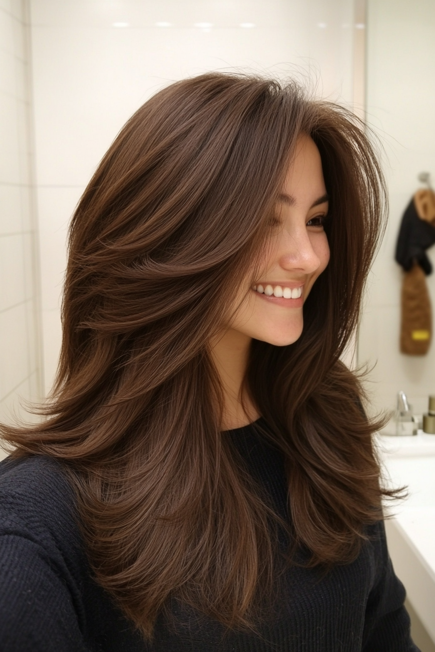 20. Espresso lang geschichtter Shag (zottelige Haarschnitte für dickes Haar) - Shaggy -Haarschnitte für dickes Haar