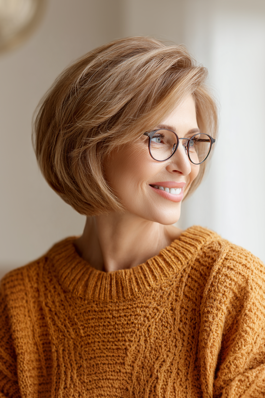 20. Golden Brown Runded Bob (kurze Frisuren für Frauen über 50 mit Brillen) - kurze Frisuren für Frauen über 50 mit Brille