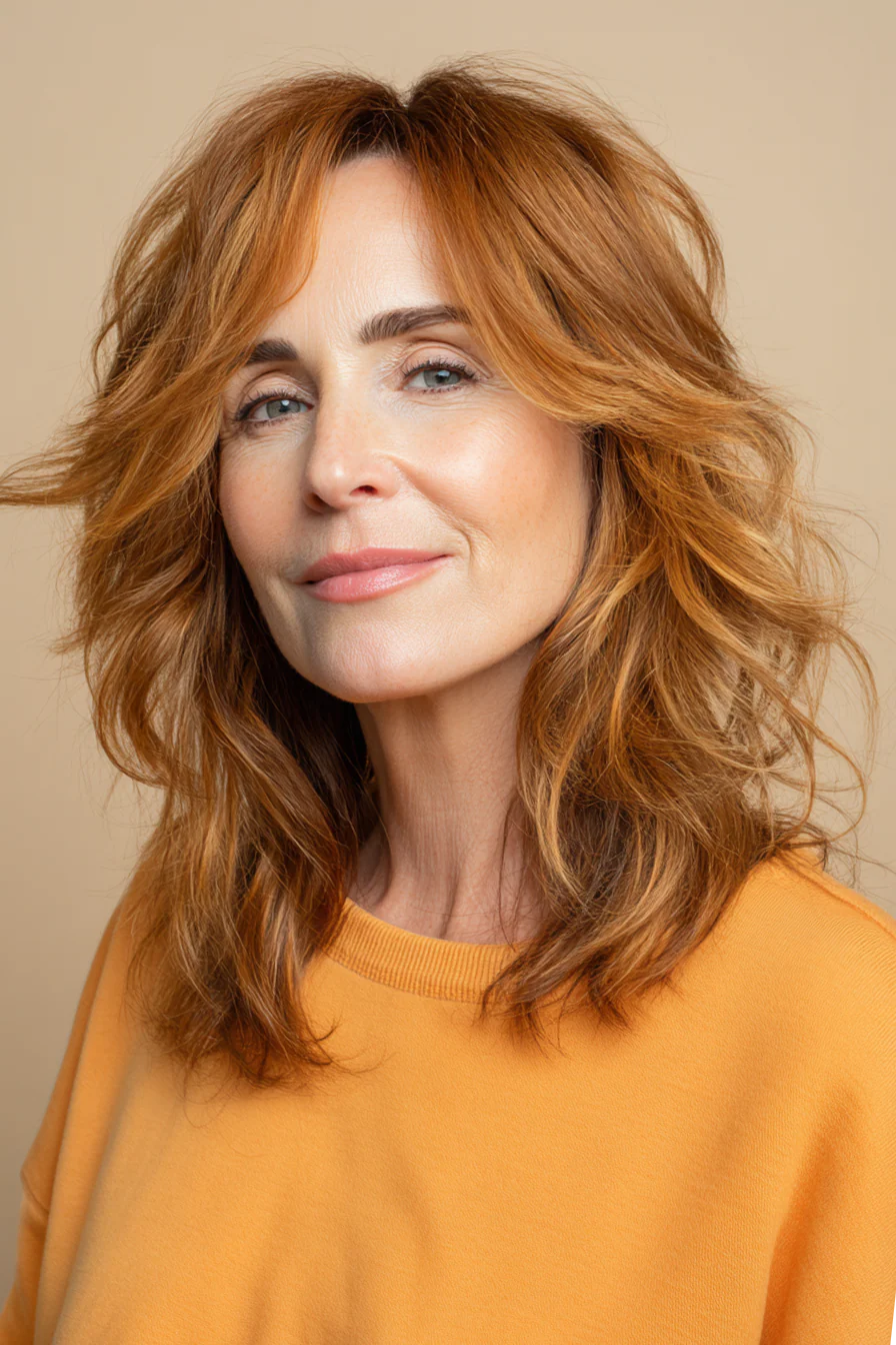 20. Golden Caramel Layered Shag (Edle Frisuren für Frauen über 50) – Edle Frisuren für Frauen über 50