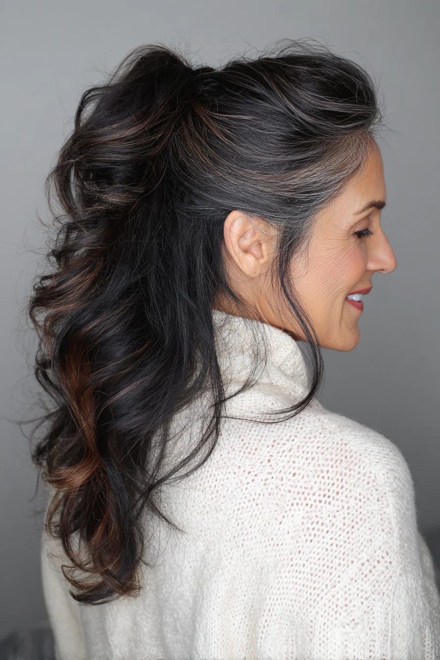 20. Halbhochgesteckter Pferdeschwanz in sanftem Schwarz mit warmen Espresso-Lichtern (Pferdeschwanz-Frisuren für Frauen über 50) – Pferdeschwanz-Frisuren für Frauen über 50