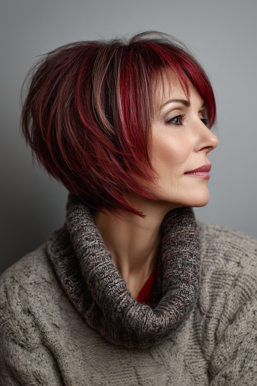 20. Umgekehrter Bob mit Ruby Red (kantige Haarschnitte für Frauen über 50) - kantige Haarschnitte für Frauen über 50