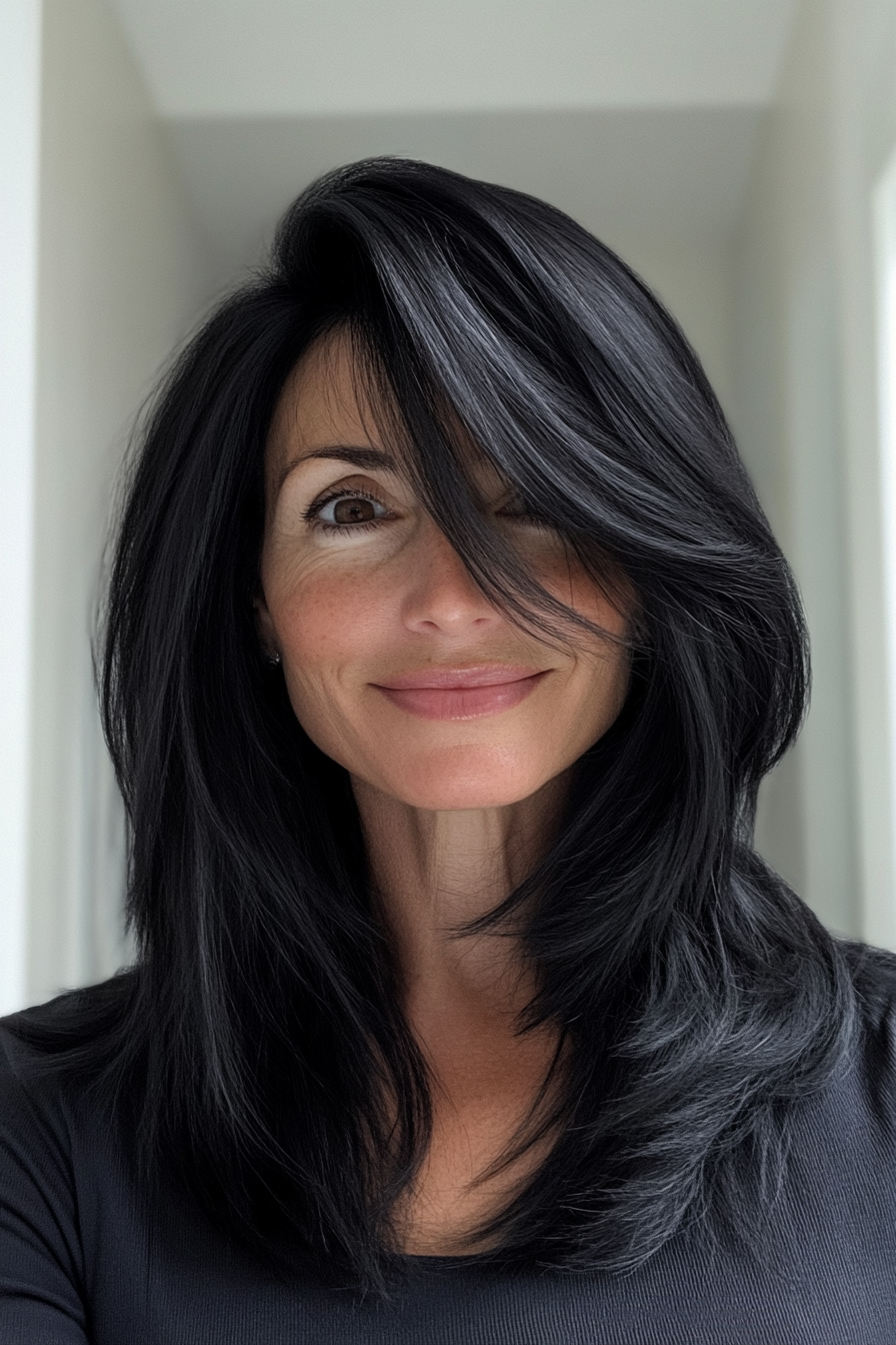 20. Jet Black Layered Cut mit Seitenknalls (längere Frisuren für ältere Frauen) - längere Frisuren für ältere Frauen