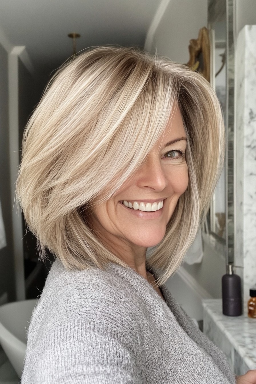 20. geschichtete asymmetrische Bob in weicher beige Blonde (asymmetrische Haarschnitte für ältere Frauen) - asymmetrische Haarschnitte für ältere Frauen