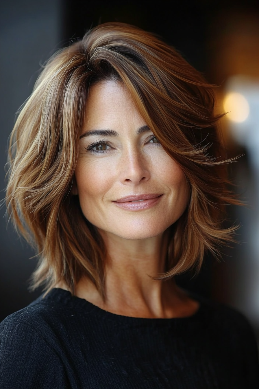 20. Layered Bob mit asymmetrischer Seite in Karamellbraun (asymmetrische Frisuren für ältere Frauen) - asymmetrische Frisuren für ältere Frauen