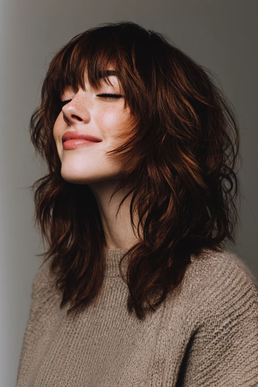 20. Layered Wolf Cut mit Mahagoni Curtain Bangs (Curtain Bangs Haircuts) – Curtain Bangs Haircuts