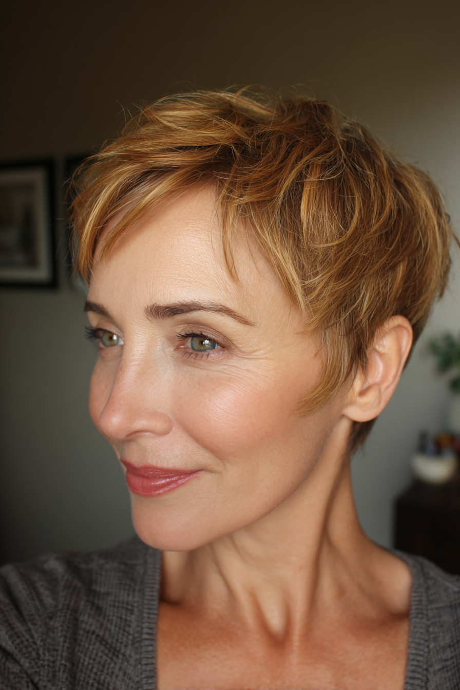 20. Lifted Pixie Cut in Goldbraun (Kurzhaarschnitte für dünner werdendes Haar für Frauen über 50) – Kurzhaarschnitte für dünner werdendes Haar für Frauen über 50