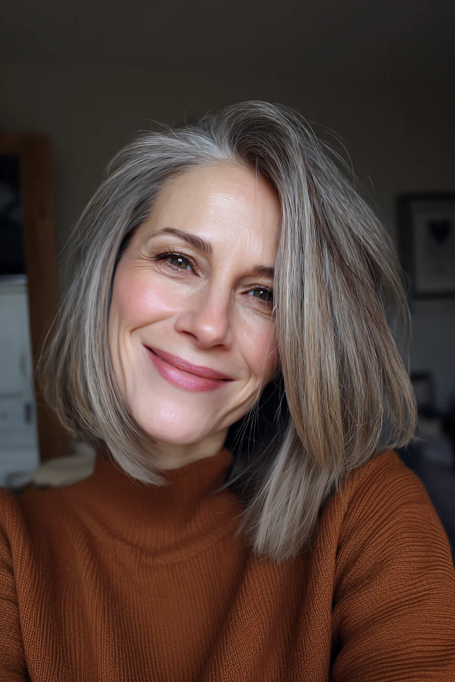 20. Hellbrauner Sleek Lob mit Seitenscheitel (Haarschnitte für Frauen über 50 mit glattem Haar) – Haarschnitte für Frauen über 50 mit glattem Haar