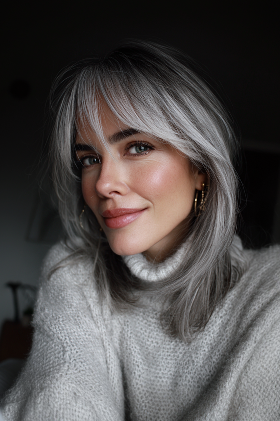 20. Hellgrau Vorhang Pony (graue Frisuren für Frauen über 40) - Graue Frisuren für Frauen über 40