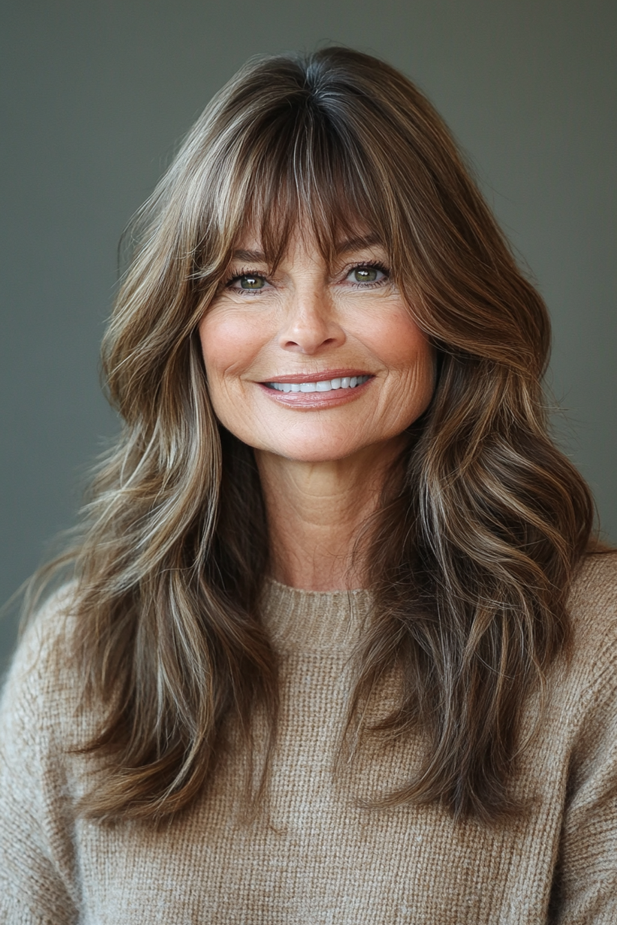 20. Lange Schichten mit Vorhang Pony in geröstete Pekannuss (Haarschnitte für Frauen über 60 mit Pony) - Haarschnitte für Frauen über 60 mit Pony