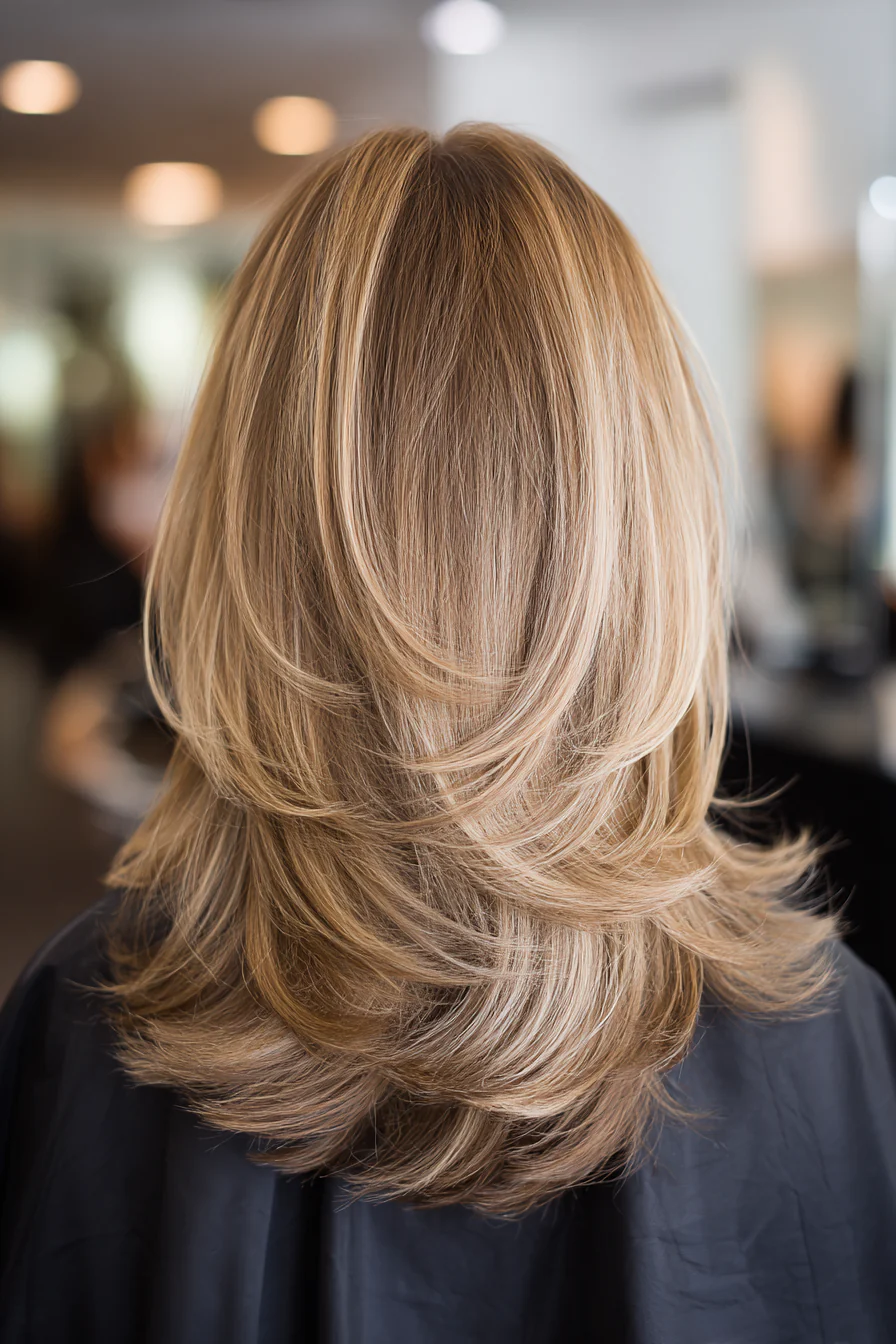 20. Mittelbeigeblonde geschichtete Flip-Out-Enden (geschichtete Frisuren für dünnes Haar) – geschichtete Frisuren für dünnes Haar