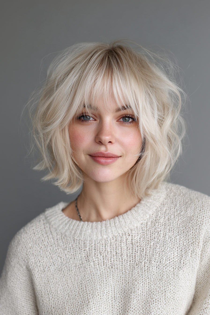 20. Messy Bob mit langem Rand in eisigem Beige Blonde (kurze Bob -Frisuren mit Pony) - kurze Bob -Frisuren mit Pony