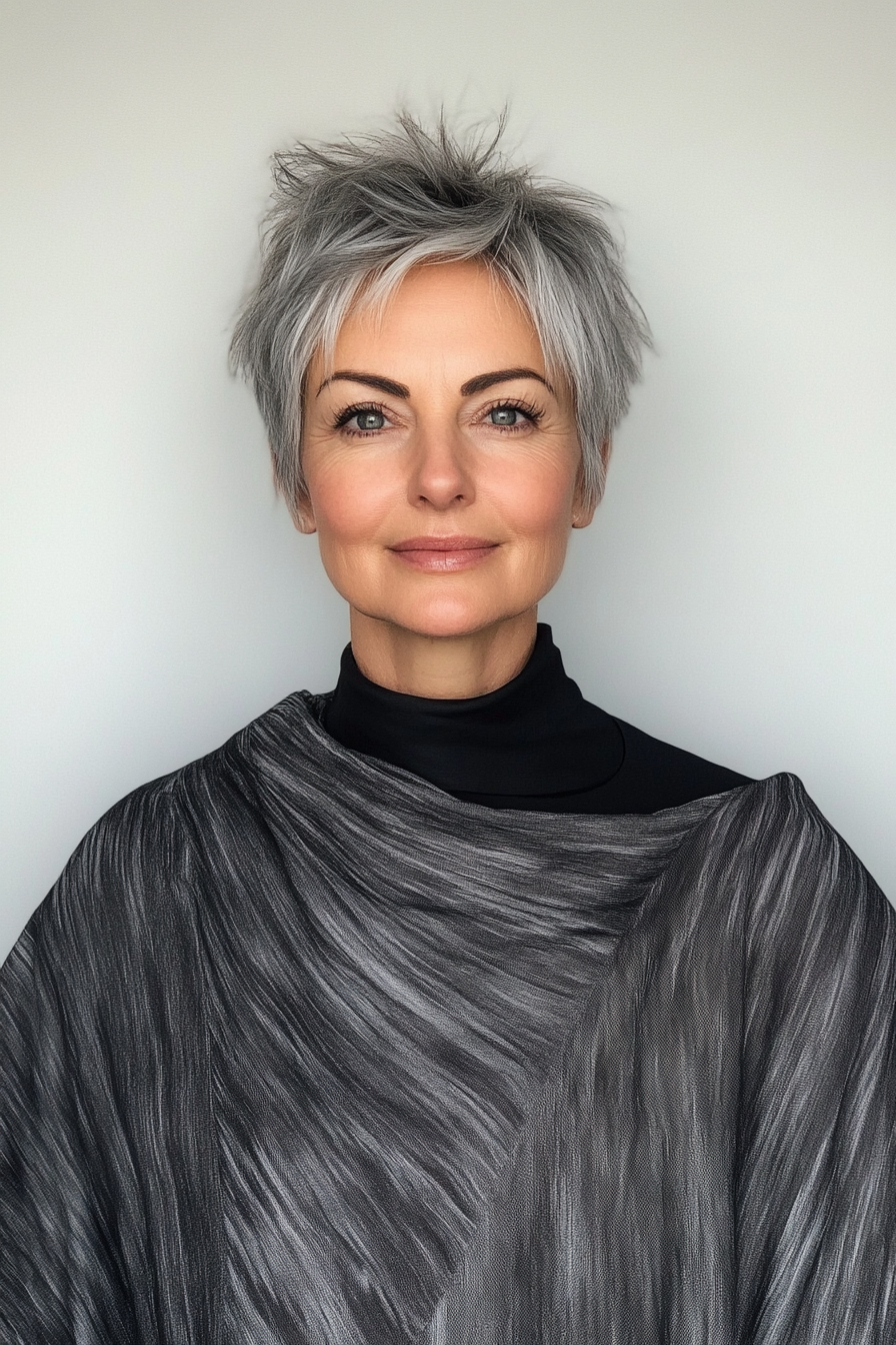 20. Messy Layered Pixie in Smoky Grey (Haarschnittideen für Frauen über 50) - Haarschnittideen für Frauen über 50