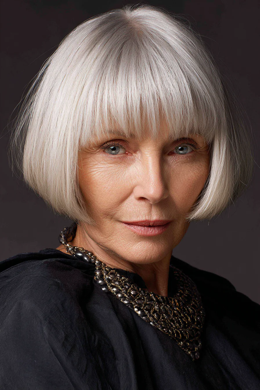 20. Perlblonder, polierter Bob mit langen Fransen (Bob-Haarschnitte mit Pony für Frauen über 50) – Bob-Haarschnitte mit Pony für Frauen über 50