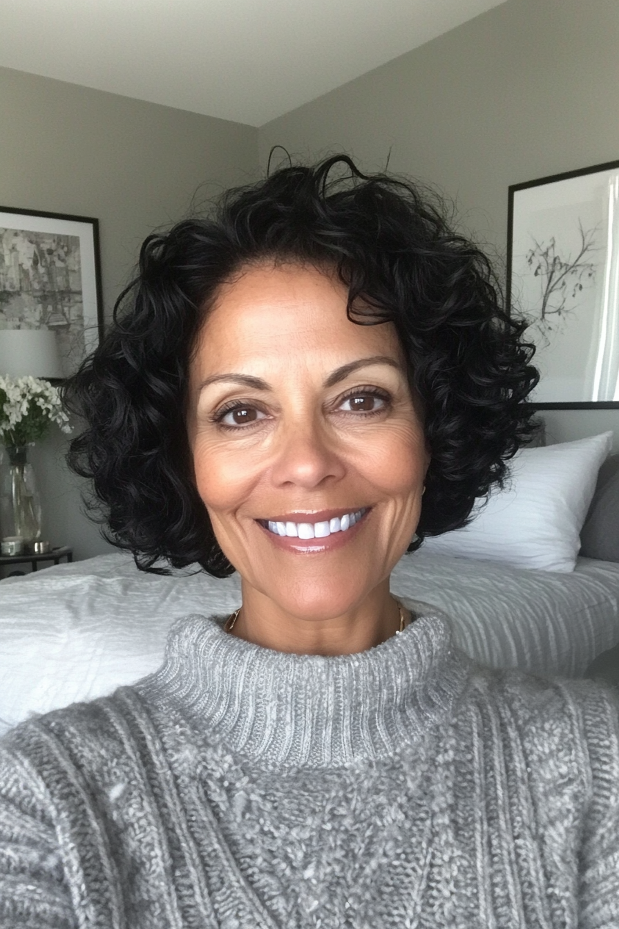 20. Reiche schwarze elegante Ernte mit Finger -Locken (Haarschnitte für ältere Frauen mit lockigem Haar) - Haarschnitte für ältere Frauen mit lockigem Haar