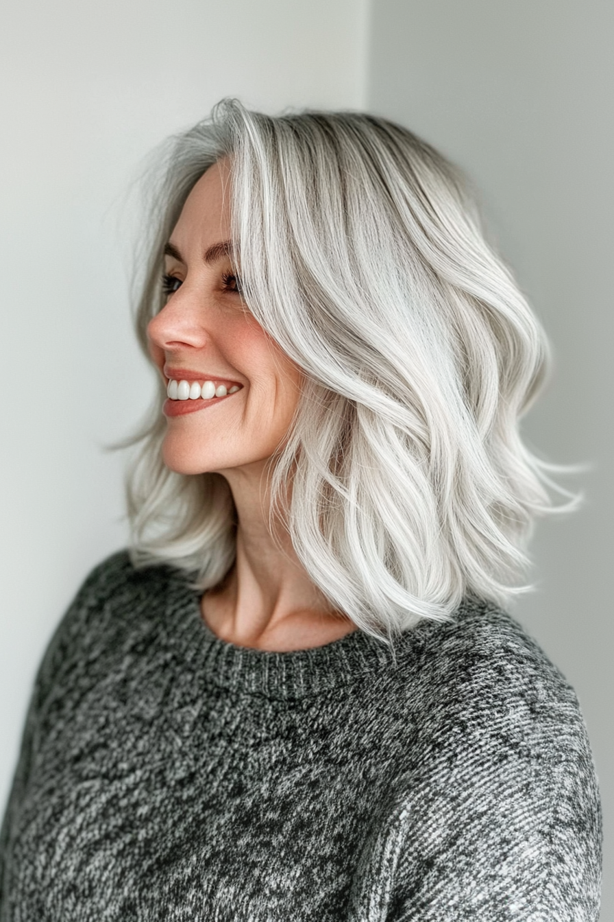 20. Skulptiertes Lob mit schneebedeckten Highlights (Frisuren für ältere Frauen mit grauem Haar) - Frisuren für ältere Frauen mit grauem Haar