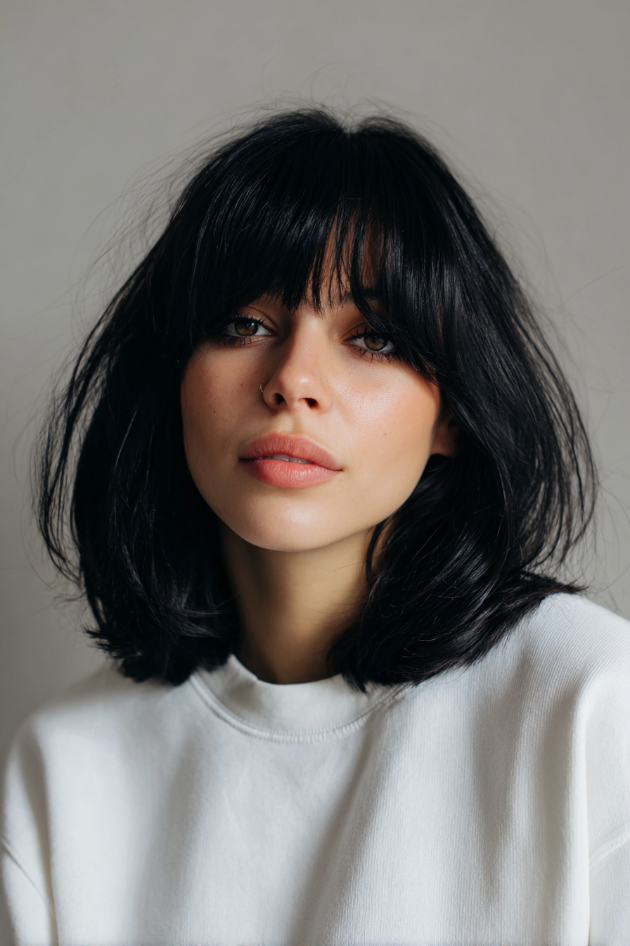 20. Glänzender schwarzer Lob mit abgerundeten Pony (lange Bob -Frisuren mit Pony) - Lange Bob -Frisuren mit Pony