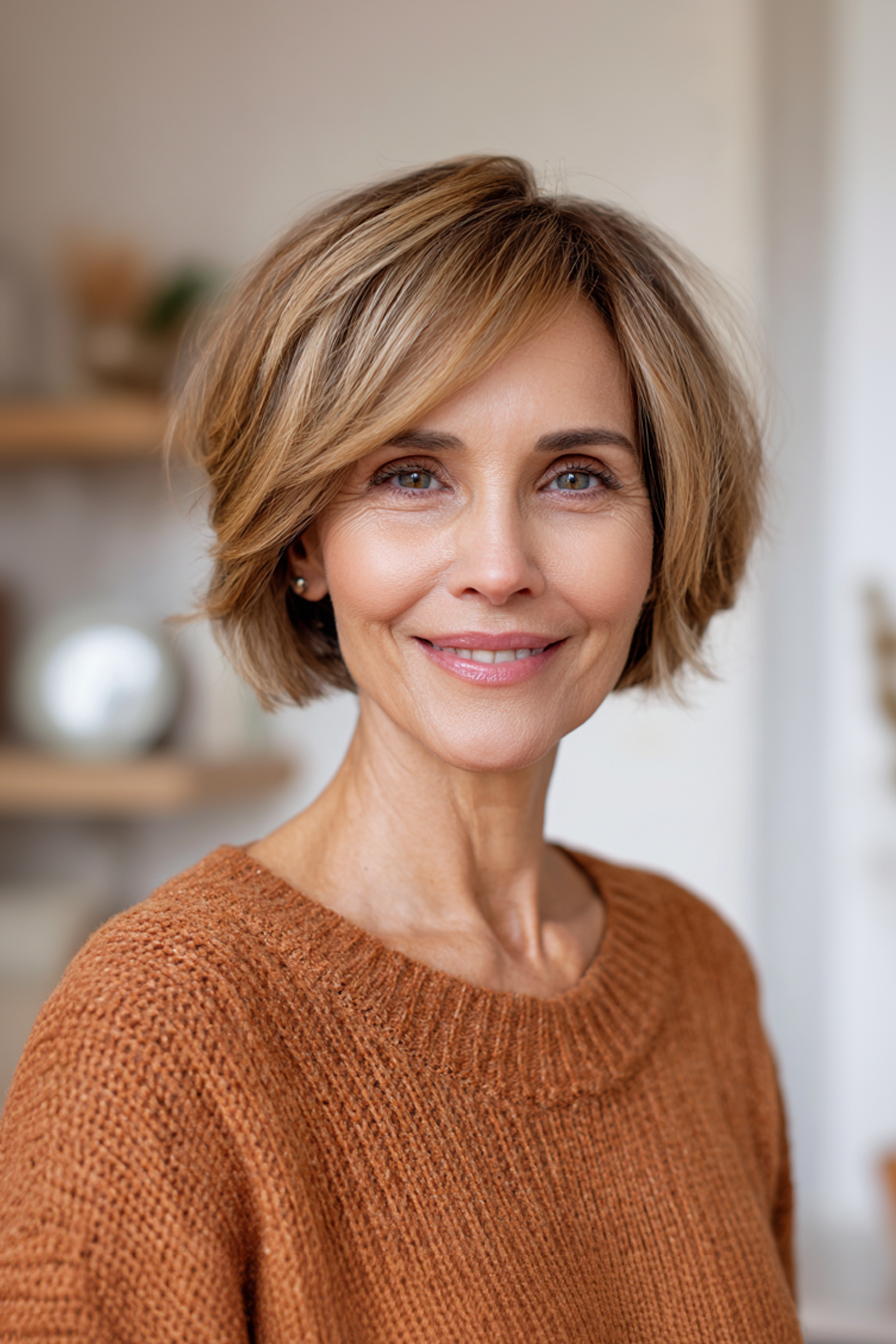 20. Kurzschichtiger Bob in Honigbraun (geschichtete Bob -Frisuren für Frauen über 50) - geschichtete Bob -Frisuren für Frauen über 50