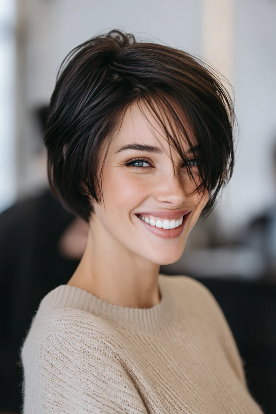20. Kurzer Stufenschnitt in Kaffeeschwarz (Kurzhaarschnitte für Frauen über 40 mit feinem Haar) – Kurzhaarschnitte für Frauen über 40 mit feinem Haar