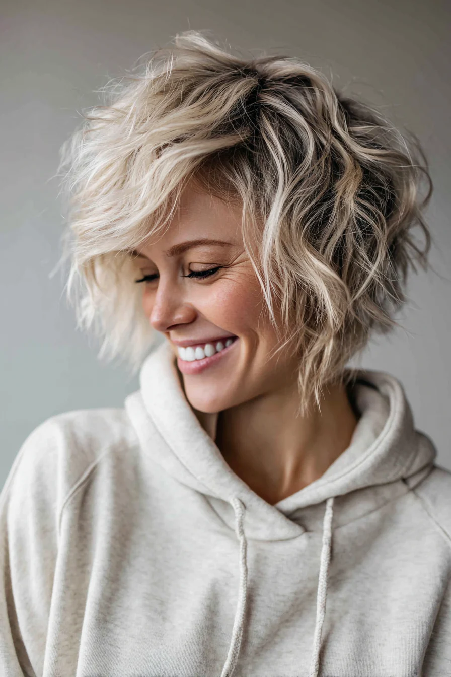 20. Kurzer geschichteter Shag mit Champagnerblond-Mischung (zottelige Haarschnitte für Frauen über 40) – Zottelige Haarschnitte für Frauen über 40