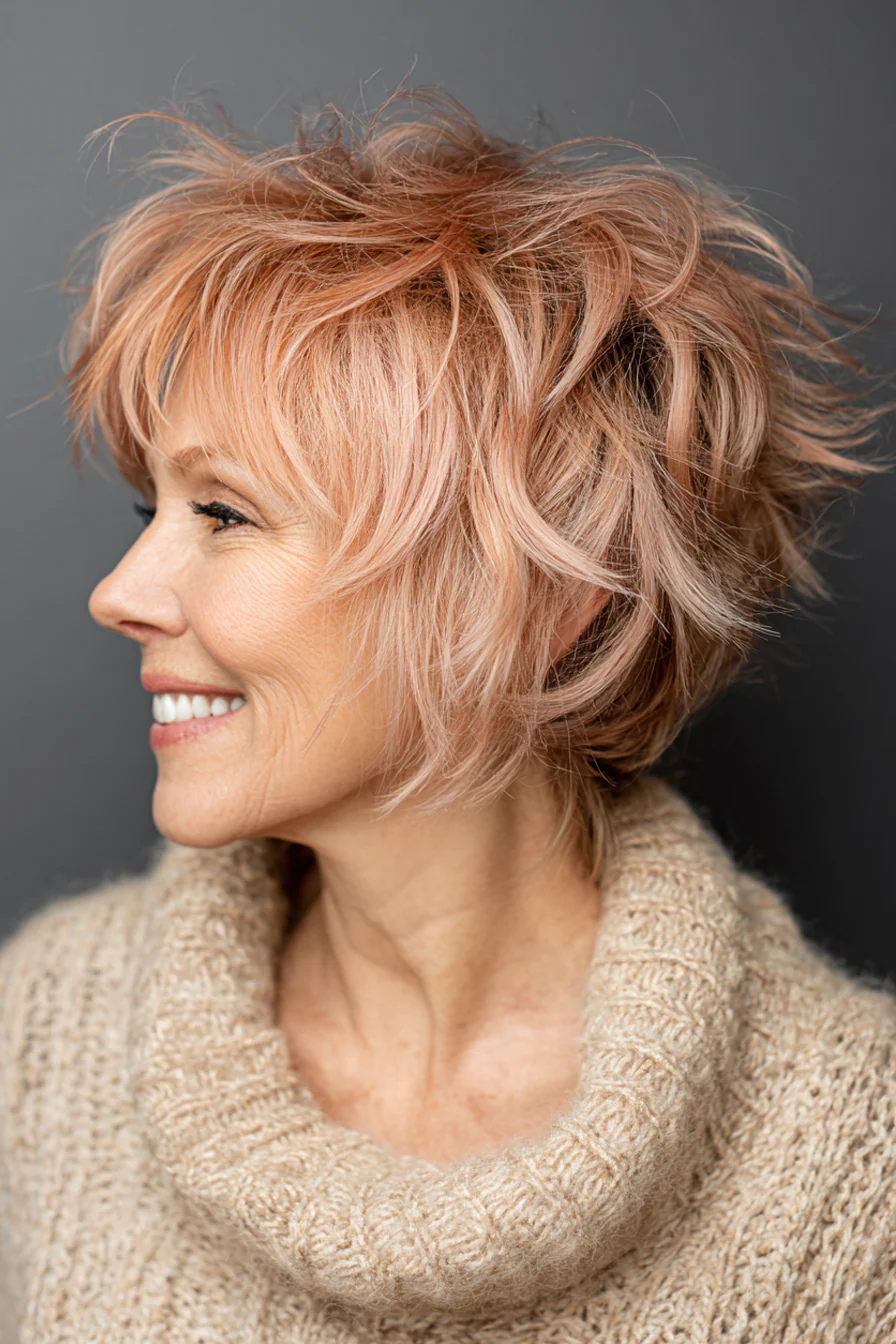 20. Kurzer Shag mit geschnittenen Schichten in Rosébeige (Short Shag-Frisuren für Frauen über 50) – Short Shag-Frisuren für Frauen über 50
