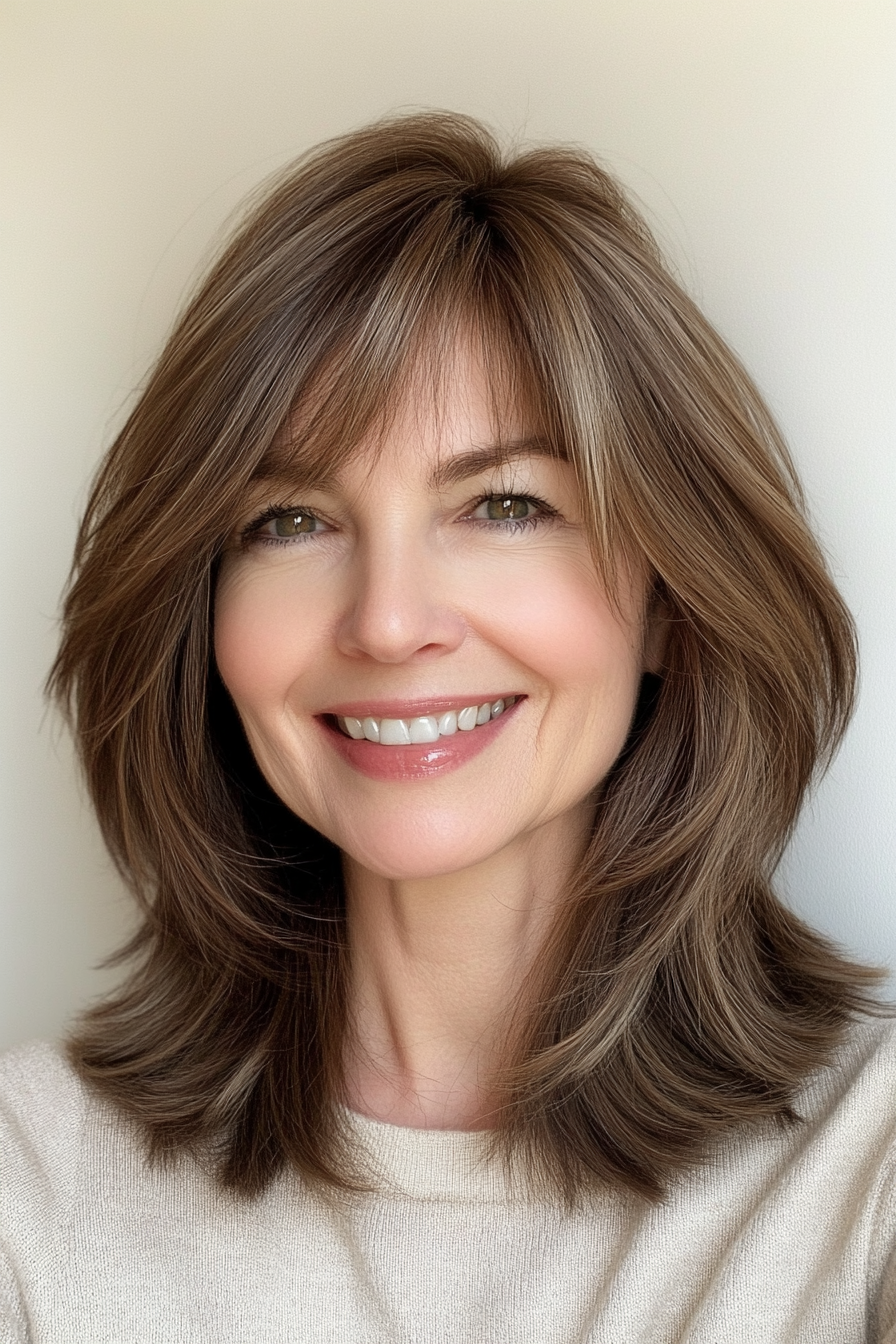 20. Schulterlänge Schichten in mittelbrauner (mittlerer bis kurzer Haarschnitte für Frauen über 50) - mittel- bis kurze Haarschnitte für Frauen über 50