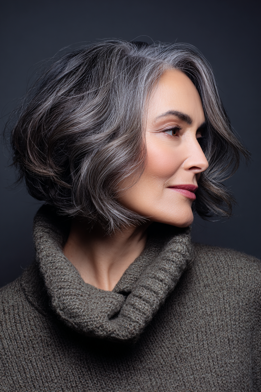 20. Side -Swept Bob in Smoky Grey (kurze Haarschnitte für Frauen über 50 mit welligen Haaren) - kurze Haarschnitte für Frauen über 50 mit welligen Haaren