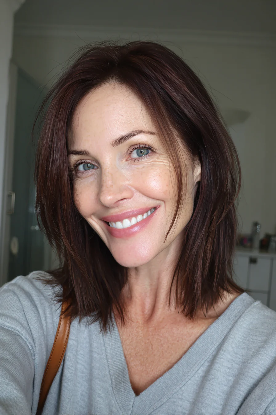 20. Schlanker mittellanger Schnitt in tiefem Burgunderbraun (kurze mittellange Frisuren für Frauen über 50) – Kurze mittellange Frisuren für Frauen über 50