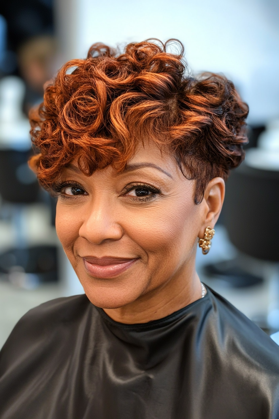 20. Soft Auburn Side -Parted Curly Pixie (kurze Frisuren für schwarze Frauen über 60) - kurze Frisuren für schwarze Frauen über 60
