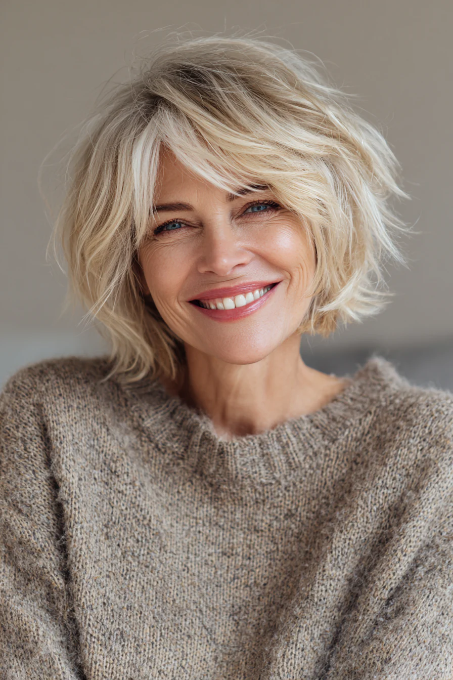 20. Soft Champagne Blonde Shag Bob (Shaggy Bob Haarschnitte für Frauen über 50) – Shaggy Bob Haarschnitte für Frauen über 50