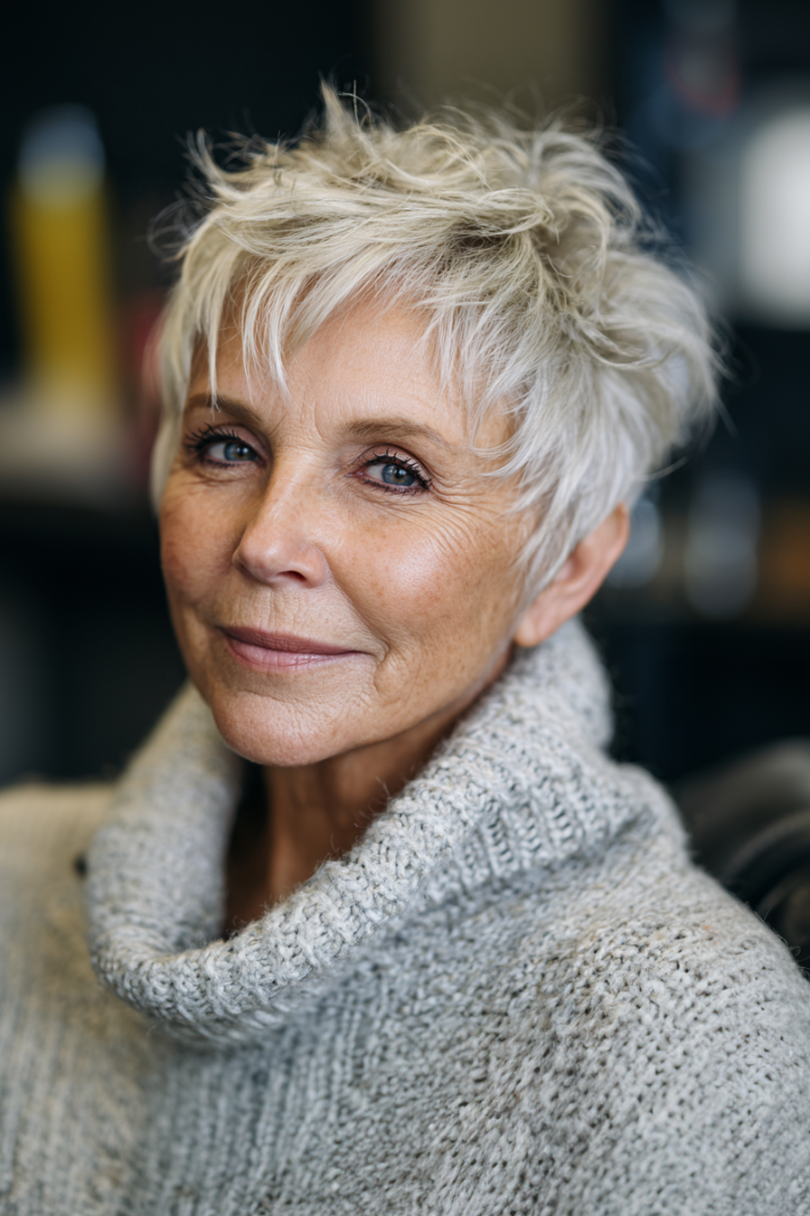 20. Sanfter Stufen-Pixie mit perlblondem Farbton (Stufen-Pixie-Haarschnitte für Frauen über 60) – Stufen-Pixie-Haarschnitte für Frauen über 60