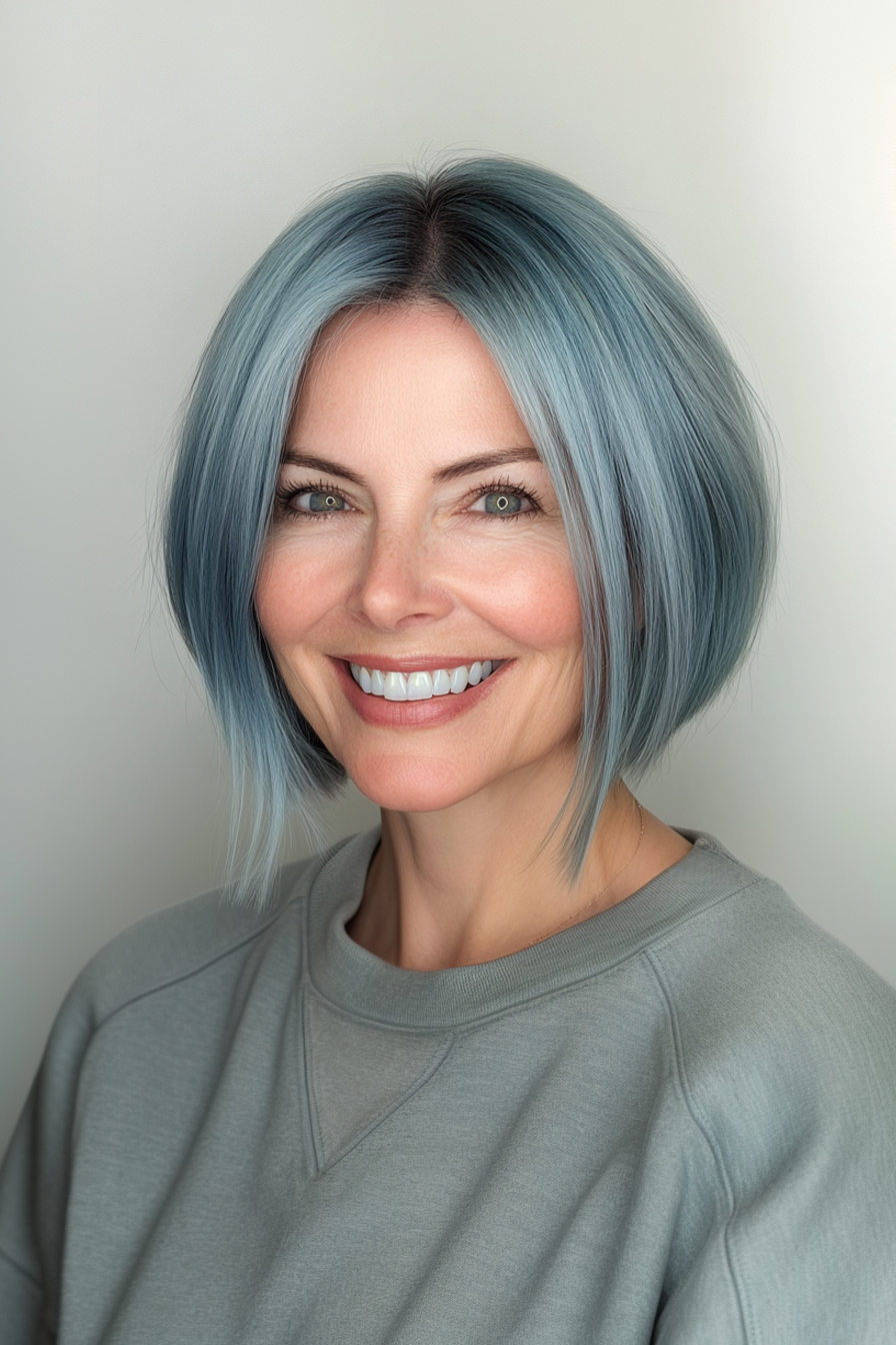 20. Stahlblau getönt Bob mit versteckten Enden (geschichtete Bob -Haarschnitte für ältere Frauen) - geschichtete Bob -Haarschnitte für ältere Frauen