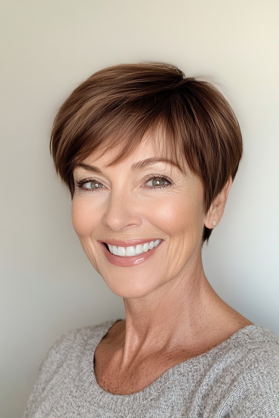 20. gerade strukturierte Pixie in dunkler Kastanie (kurze gerade Frisuren für ältere Frauen) - kurze, gerade Frisuren für ältere Frauen