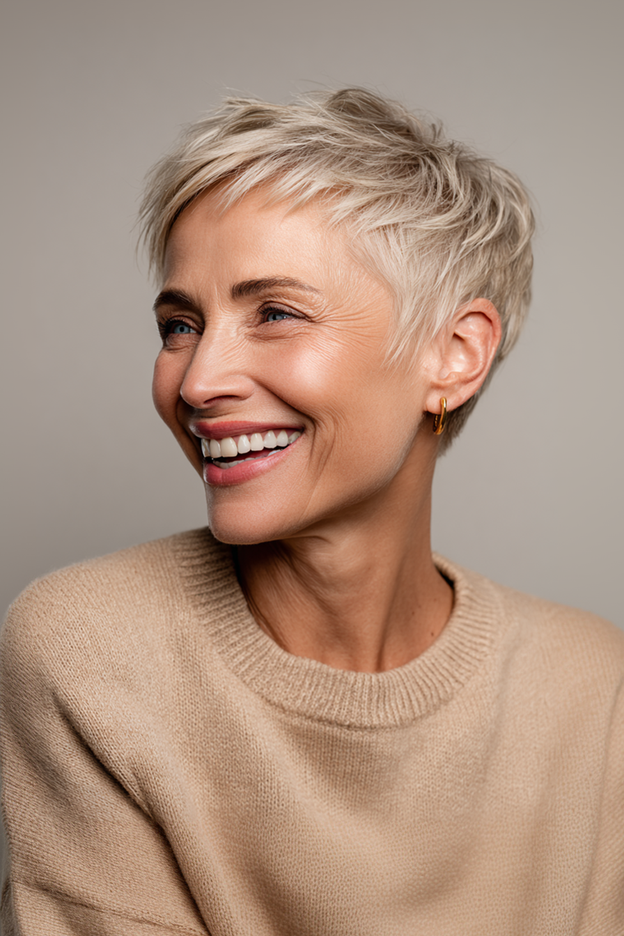 20. Sunlit Beige Short Crop (Pixie -Frisuren für Frauen über 40) - Pixie -Frisuren für Frauen über 40