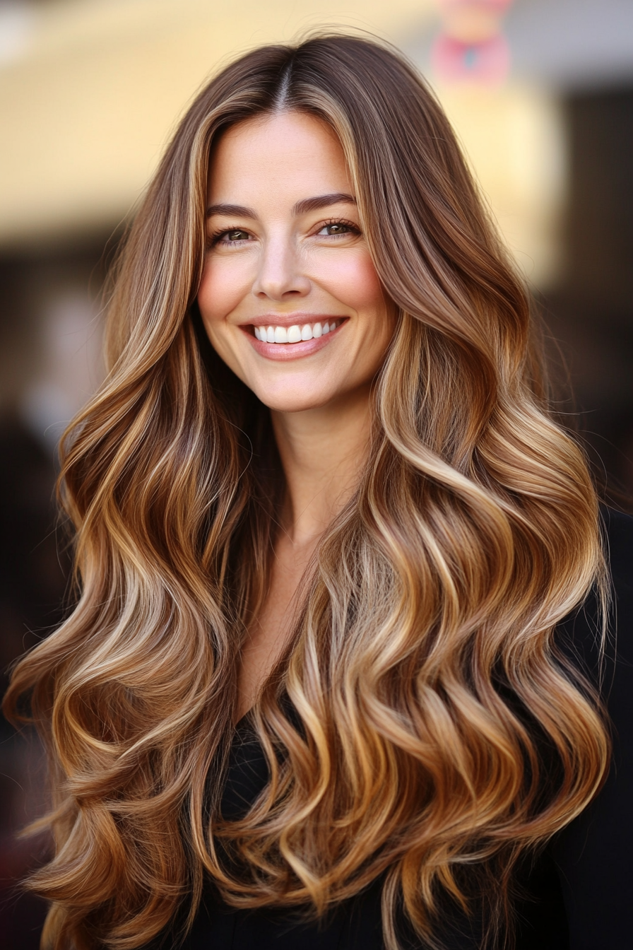 20. Sonnenbeleuchtete braune weiche Wellen (Frisuren für Frauen über 40 mit langen Haaren) - Frisuren für Frauen über 40 mit langen Haaren