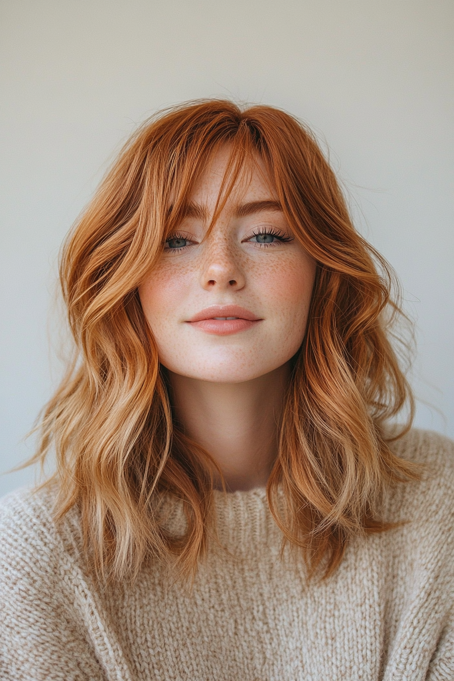 20. Swoopy Shag in goldenem Auburn (wellige Haarschnitte mit Vorhang Pony) - wellige Haarschnitte mit Vorhangknalls