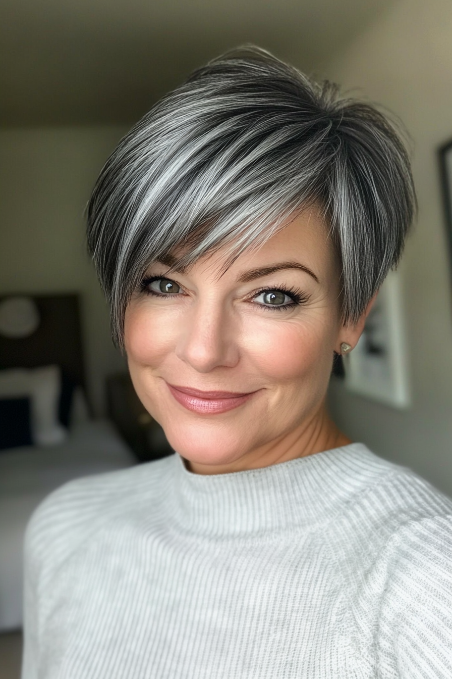 20. Verjüngter Schnitt mit Seitenknall in Holzkohlegrau (kühle Haarschnitte für Frauen über 50) - Kühle Haarschnitte für Frauen über 50