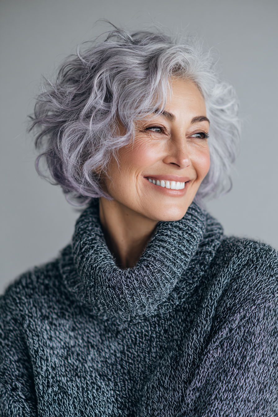 20. Strukturierte graue Ernte mit Lavendeltönung (wellige Frisuren für ältere Frauen) - wellige Frisuren für ältere Frauen