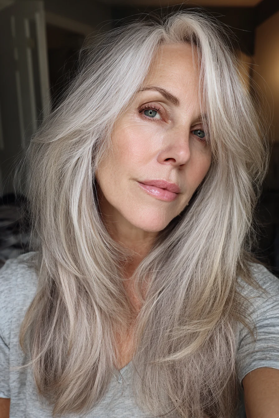 20. Strukturierter langer Schnitt mit kühlem Beigeblond (lange Frisuren für Frauen über 60 mit dünnem Haar) – Lange Frisuren für Frauen über 60 mit dünnem Haar