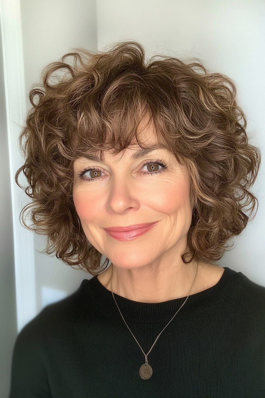 20. warmer braun gekräuselter Shag (kurze Shag -Haarschnitte für Frauen über 60) - kurze Shag -Haarschnitte für Frauen über 60