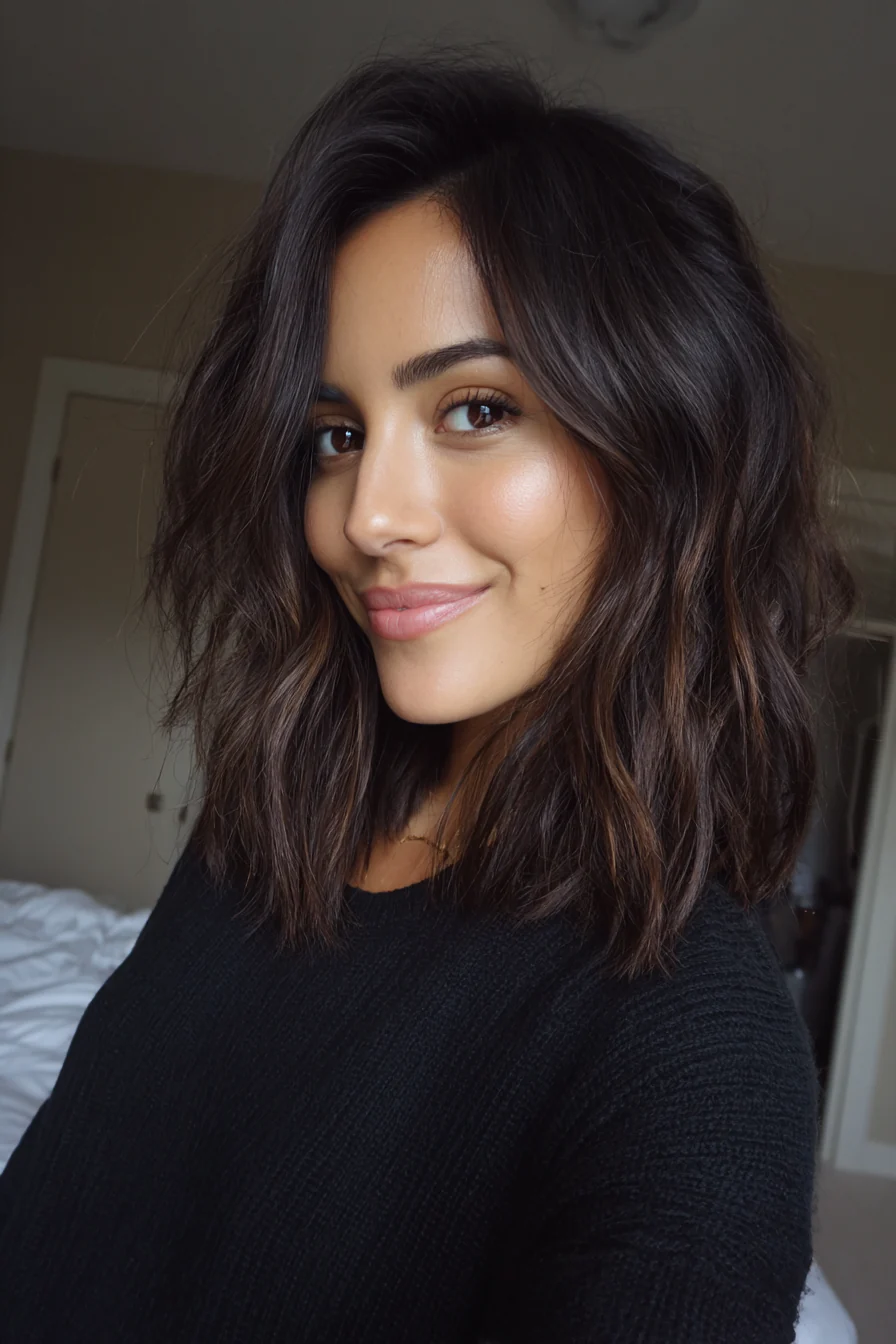 20. Wavy Dark Brunette Lob (Schulterlange Frisuren für dickes Haar) – Schulterlange Frisuren für dickes Haar
