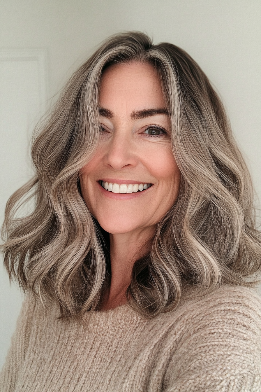 21. Luftgetrocknete Wellen in neutralbraunen (mittleren Teilfrisuren für Frauen über 50) - Frisuren des mittleren Teils für Frauen über 50