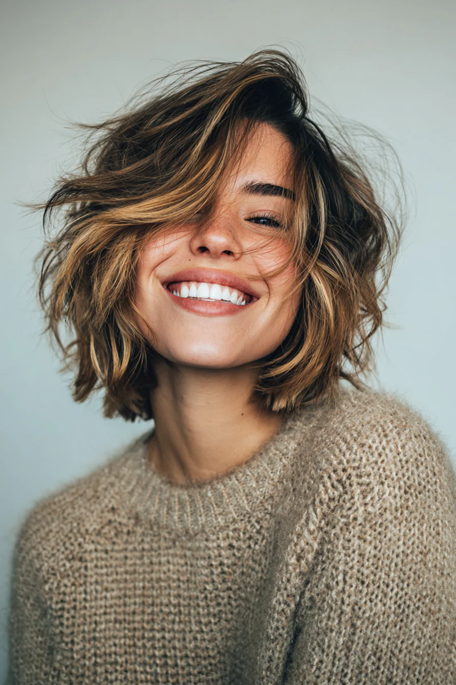 21. Abgewinkelter Shag-Bob mit Amber Bronde (Haarschnitte für dickes Haar) – Haarschnitte für dickes Haar