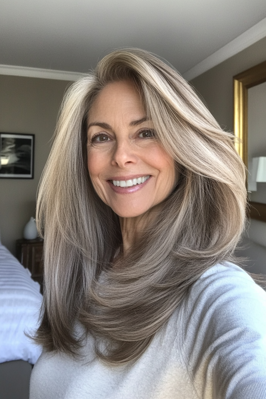 21. Aschebraune subtile Schichten (längere Frisuren für ältere Frauen) - Längere Frisuren für ältere Frauen