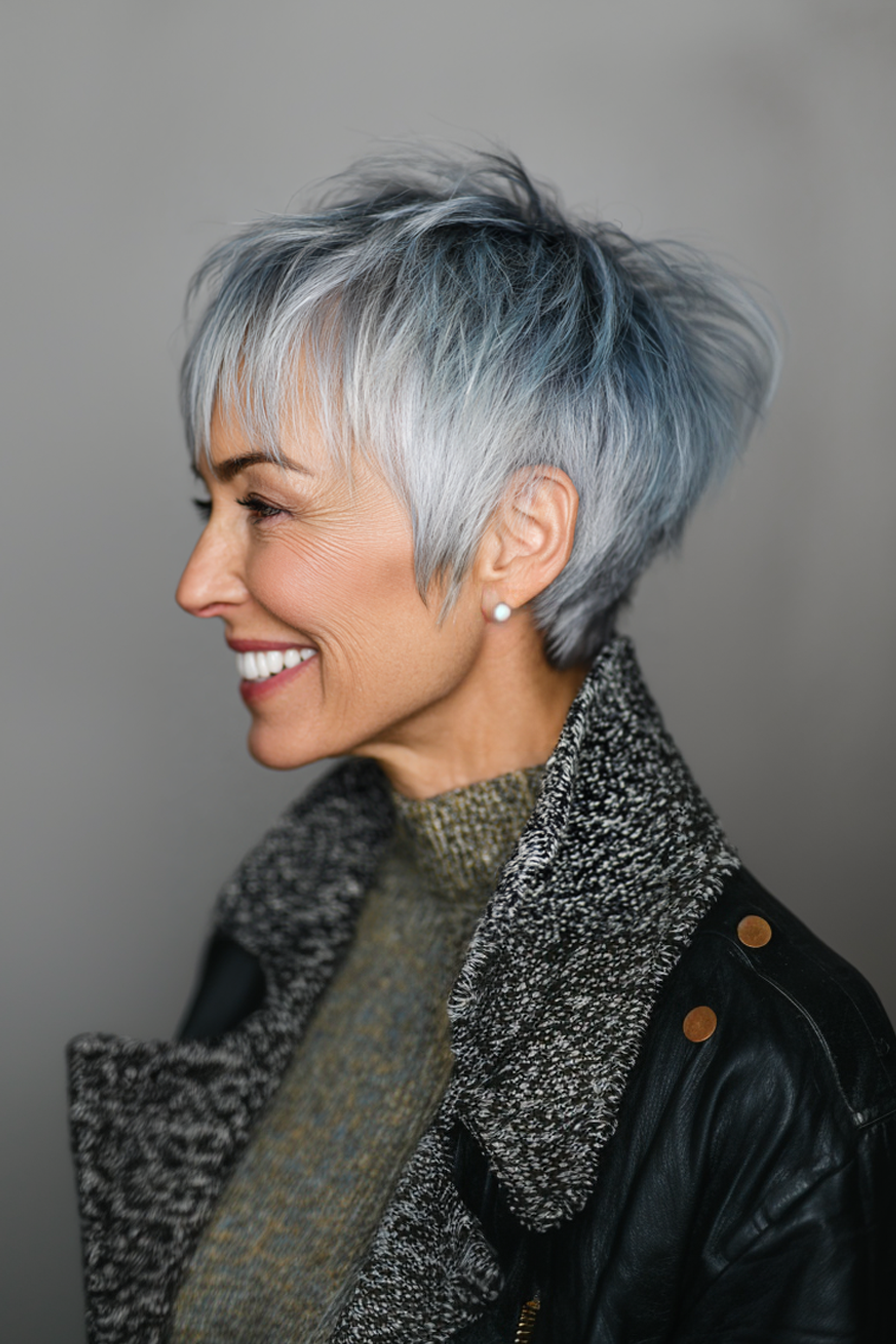 21. Asymmetrische graue Ernte mit kühlen Untertönen (schicke Frisuren für Frauen über 50 mit grauem Haar) - schicke Frisuren für Frauen über 50 mit grauen Haaren