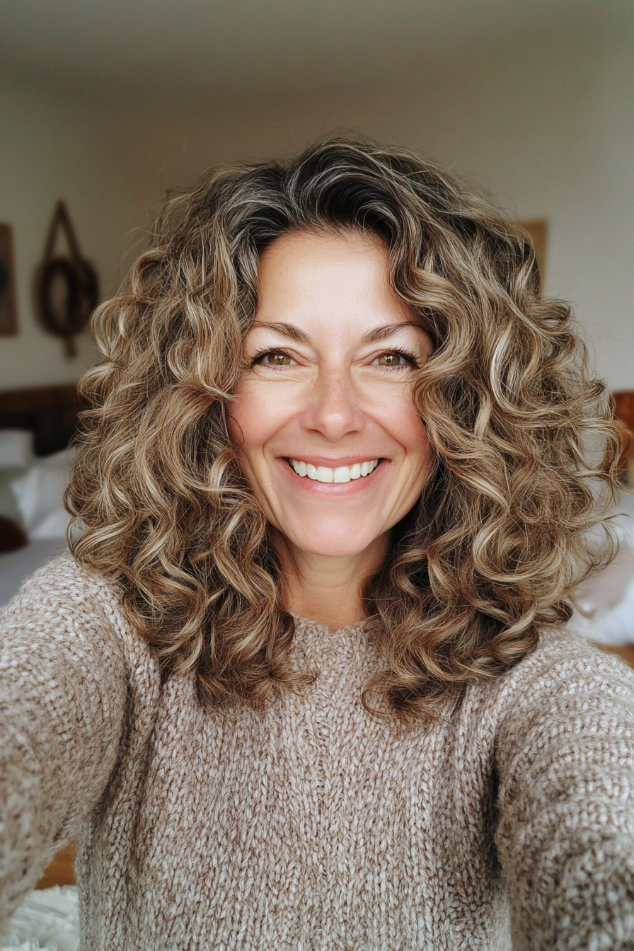 21. Blended Schichten mit mittelbraunem (Haarschnitten für Frauen über 50 mit lockigem Haar) - Haarschnitte für Frauen über 50 mit lockigem Haar