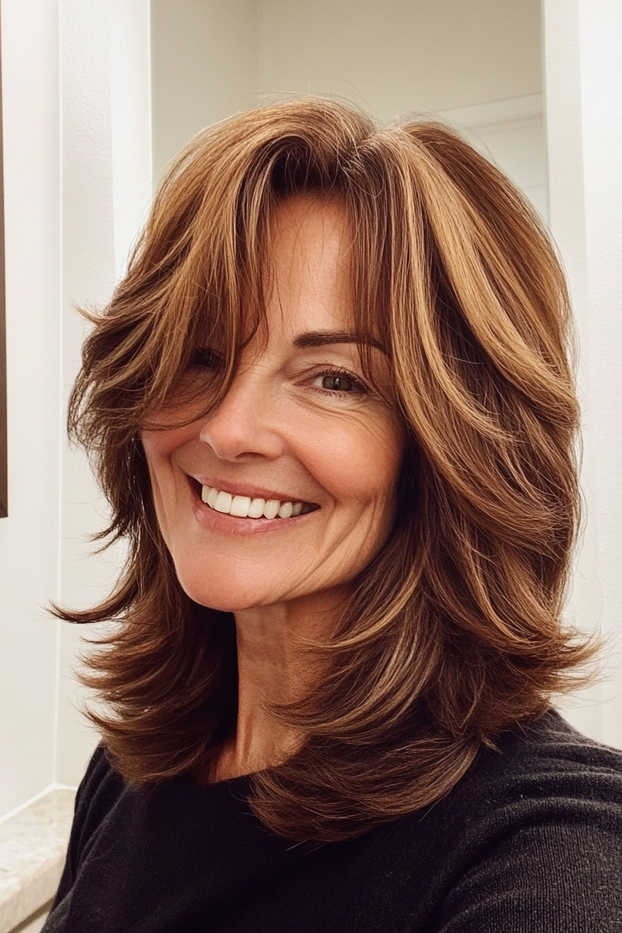 21. Karamell Latte Medium Shag (zottelige Frisuren für Frauen über 50) - Shaggy Frisuren für Frauen über 50
