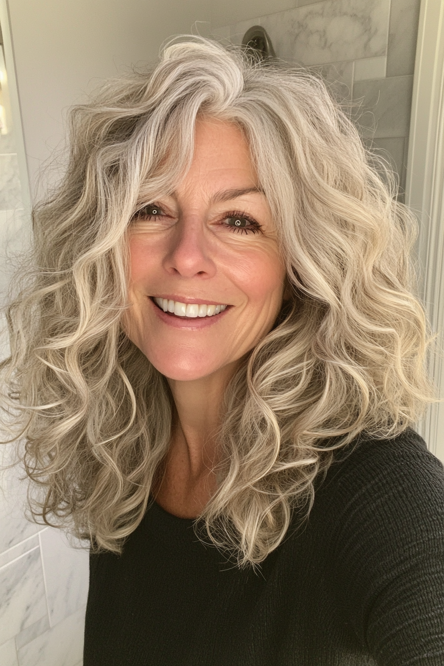 21. Champagner Blondes lose Curl -Lob (Haarschnitte für ältere Frauen mit lockigem Haar) - Haarschnitte für ältere Frauen mit lockigem Haar