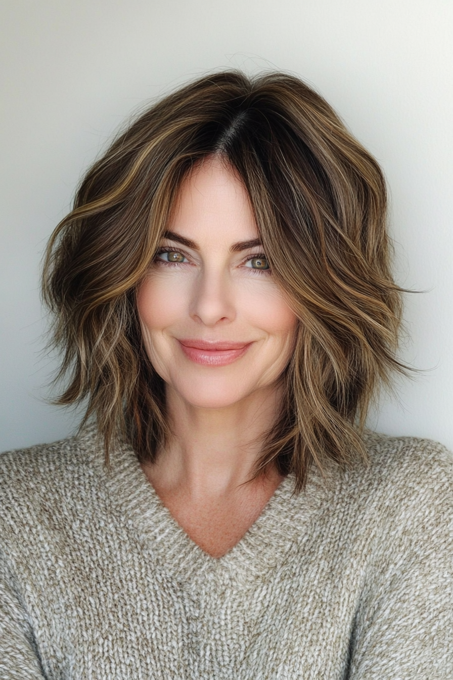 21. abgehackte asymmetrische Shag in goldener Brünette (asymmetrische Frisuren für ältere Frauen) - asymmetrische Frisuren für ältere Frauen
