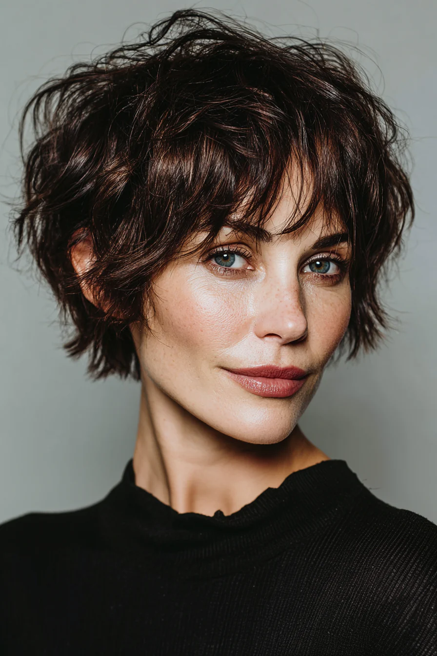 21. Abgehackter Pixie-Bob in Dunkelbraun (Bob-Frisuren für ältere Frauen) – Bob-Frisuren für ältere Frauen